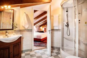 a bathroom with a shower and a sink and a tub at Archontiko Parnassus Dadi in Amfikleia