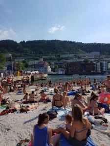 un grand nombre de personnes assises sur la plage dans l'établissement Byleilighet i sjøkanten m terrasse, à Bergen