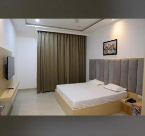 ein Hotelzimmer mit Bett und Fernseher in der Unterkunft Radha Madhav Hotel & Banquet in Palwal