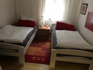 twee bedden in een kleine kamer met een raam bij Steinhagen in Daun