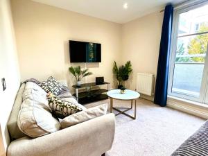 a living room with a couch and a tv at Leicester Contractor Home - Syster Properties - Spacious Rooms in Leicester
