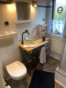 uma casa de banho com um lavatório e um WC em Opa´s Häuschen em Westerholz