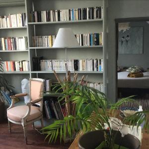 a living room with a book shelf filled with books at une maison à la campagne in Beaune-la-Rolande