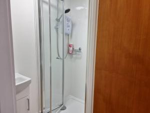 a shower with a glass door in a bathroom at Open plan studio with garden in Milton