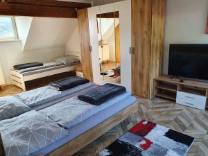 a room with two beds and a flat screen tv at Haus Kampl - Appartement Aussee in Bad Mitterndorf