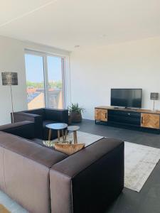 a living room with a couch and a flat screen tv at Trompstraat Eindhoven in Eindhoven