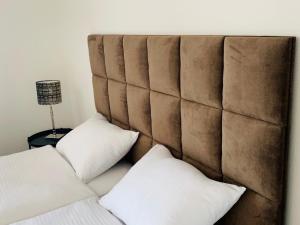 a bed with two pillows and a brown padded headboard at Trompstraat Eindhoven in Eindhoven
