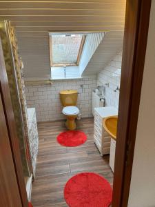 Baño pequeño con aseo y lavamanos en Rustikale Wohnung mit Garten, en Allensbach