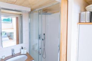 a bathroom with a shower and a sink at Tiny Seaside - Skarrev in Aabenraa