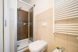La petite salle de bains est pourvue d'une douche et de toilettes. dans l'établissement Gemini House on Lake Como, à Mandello del Lario