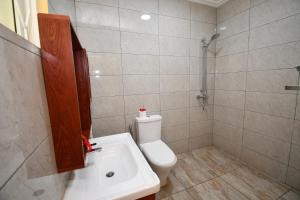 Anse aux Pins的住宿－礁石假日公寓，浴室配有卫生间、盥洗盆和淋浴。