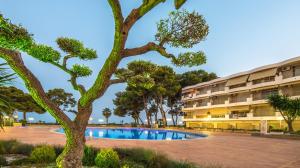 a tree in front of a building with a swimming pool at Ona Internacional Apartments in Cambrils