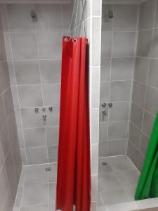 a shower with a red shower curtain in a bathroom at Hostel Cruz del Sur in Ushuaia