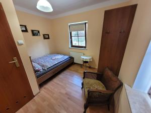 1 dormitorio con 1 cama, 1 silla y 1 ventana en WILLA MONTE NEVE en Stronie Śląskie