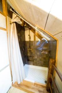 a bathroom with a shower with a shower curtain at Gîte La Maisonnette La Petite Joulinie in Bor-et-Bar