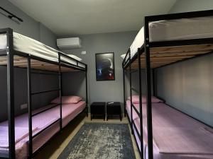 Ce dortoir comprend 2 lits superposés et des draps roses. dans l'établissement Joni's Condo at Mali i Robit, à Golem
