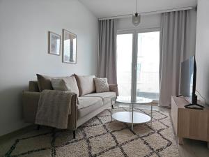 a living room with a couch and a tv at Lapland Arctic Apartments in Rovaniemi