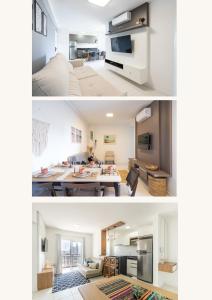 2 fotos de una cocina y una sala de estar en Apartamentos completos a 15min BETO CARREIRO com WI-FI CHURRASQUEIRA em CONDOMÍNIO com PISCINA portaria 24h Ideal para família en Piçarras