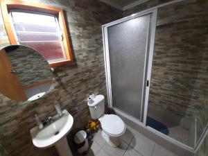 a bathroom with a shower and a toilet and a sink at Cabañas Raulies, Neltume. in Puerto Fuy
