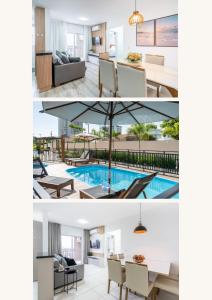 un collage di foto di un soggiorno e di una sala da pranzo di Apartamento 150m da PRAIA com SACADA, WI-FI AR CONDICIONADO, PISCINA, PORTARIA 24h, PLAYGROUND e vaga de GARAGEM a Piçarras