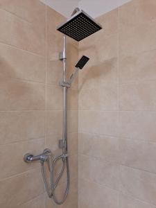 a shower with a shower head in a bathroom at Yellow Sofa FREE PARKING Place in Bratislava
