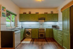 an old kitchen with green cabinets and a dishwasher at The Bumblebee- Serene 3BHK Villa- Candolim, Goa By StayMonkey in Candolim