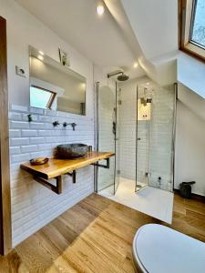 a bathroom with a sink and a glass shower at Lütthus Matthis in Zingst