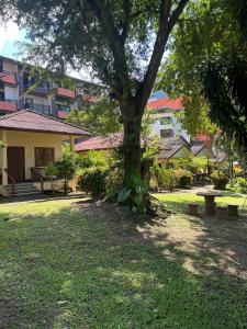 a park with a tree and benches and buildings at Adam Bungalows in Ao Nang Beach