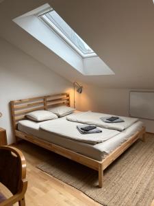 um quarto com uma cama grande e uma clarabóia em Sonnige und ruhige Wohnung für entspanntes Reisen em Viena
