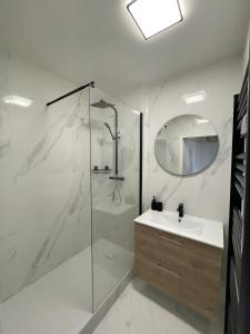 uma casa de banho com um chuveiro e um lavatório. em Disneyland Appartement em Montévrain