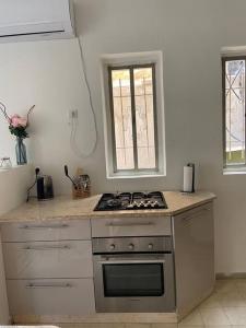 une cuisine avec une cuisinière et une fenêtre dans l'établissement Boutique Apartement, à Jérusalem