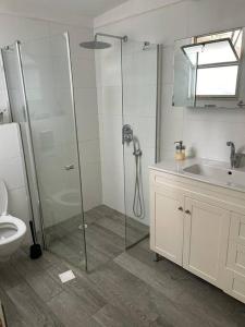La salle de bains est pourvue d'une douche, de toilettes et d'un lavabo. dans l'établissement Boutique Apartement, à Jérusalem