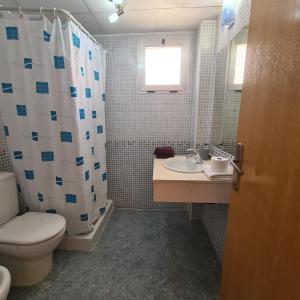 ein Bad mit einem WC, einem Waschbecken und einer Dusche in der Unterkunft Apartamento Alcotan I Beach in Cala de Finestrat