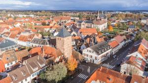 une vue aérienne sur une ville avec des bâtiments dans l'établissement La FORGE Appartement chaleureux et Grands espaces, à Molsheim