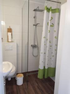 a bathroom with a shower curtain with a toilet at Jovevi Apartments in Ohrid