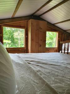 a large bed in a room with two windows at Le Chalet, Eco Farm Stay in Vieux Grand Port