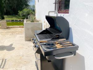 a barbecue grill sitting on the side of a building at Mas des eaux claires Arles Camargue in Saint-Gilles