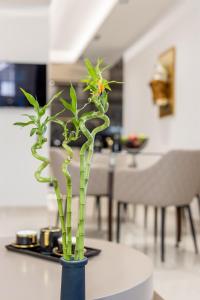 a blue vase with a plant on a table at Vivian's Luxury Suite in Monemvasia