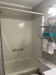 a bathroom with a tub and a toilet and a shower at Beachfront Condo with Ocean View in Hilton Head Island