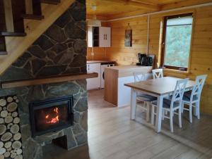 a kitchen and dining room with a fireplace in a log cabin at Chabrowe Roztocze in Wólka Wieprzecka
