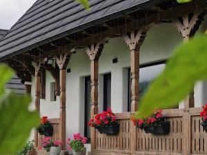 a house with potted flowers on a wooden fence at Plai din Bran in Bran