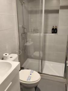 a white bathroom with a shower and a toilet at San Centro Airport IFEMA Wizink Metropolitano Apartments in Madrid