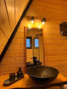 baño con lavabo negro y espejo en Macko’s cabin, en Băile Tuşnad