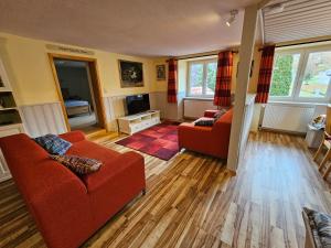Sala de estar con 2 sofás rojos y TV en Wutachschlucht - spacious apartment in renovated farmhouse, en Bonndorf