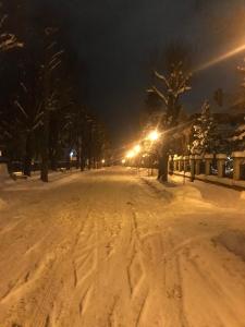 eine schneebedeckte Straße in der Nacht mit Straßenbeleuchtung in der Unterkunft Antonina ***PensjonPrzyKortach*** in Bad Salzbrunn