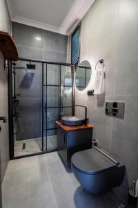 y baño con aseo azul y lavamanos. en Vital Home Sapanca Isıtmalı Havuzlu Villa&Bungalov, en Sapanca