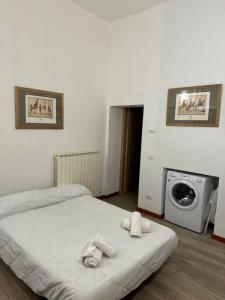 - une chambre avec un lit et un lave-linge dans l'établissement Appartamento Colomba, à Plaisance
