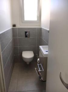 La salle de bains est pourvue de toilettes et d'un lavabo. dans l'établissement Maison de 3 chambres a Valras Plage a 600 m de la plage avec spa jardin clos et wifi, à Valras-Plage