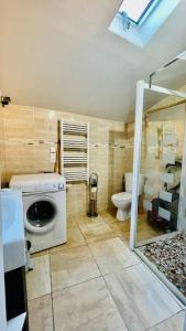 a bathroom with a washing machine and a toilet at La petite sirêne in Roscanvel