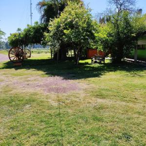 a park with a bench and trees in the grass at Posada Esperanza in Minas